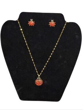 Stainless Steel Gold-Tone Rhinestone Ladybug Pendant Necklace & Stud Earrings